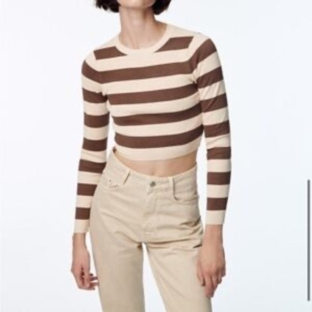 Zara Women's Brown Stripe Crop Top‎ Long Sleeve Knit Sweater Fitted Small